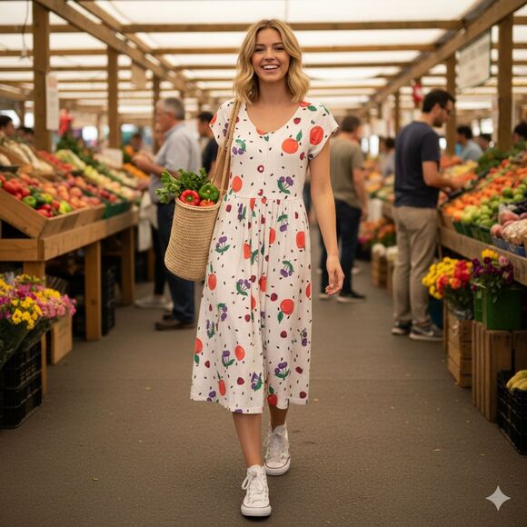 VTG 90s Fruit Print Midi Dress Womens S White Knit Cotton Blend Fit Flare - Picture 1 of 11